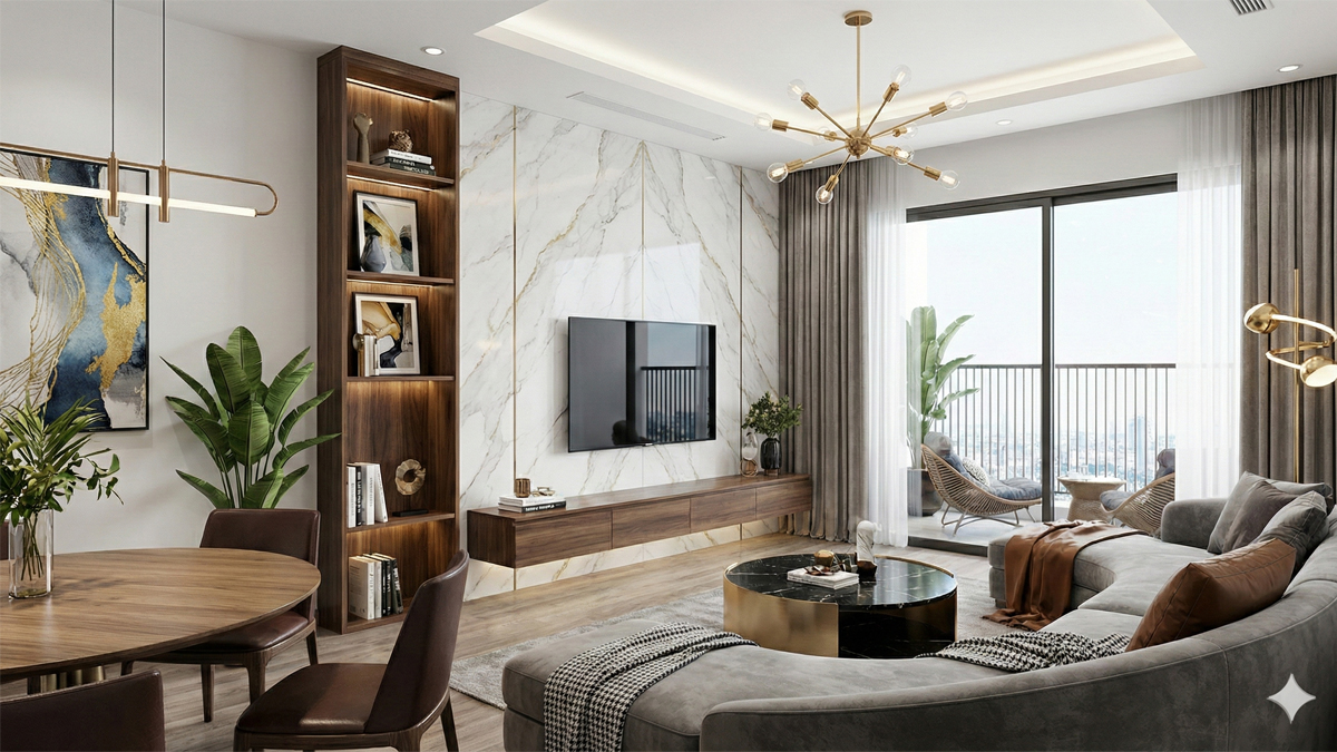 Phòng khách nhà mẫu dự án Happy One Hóc Môn