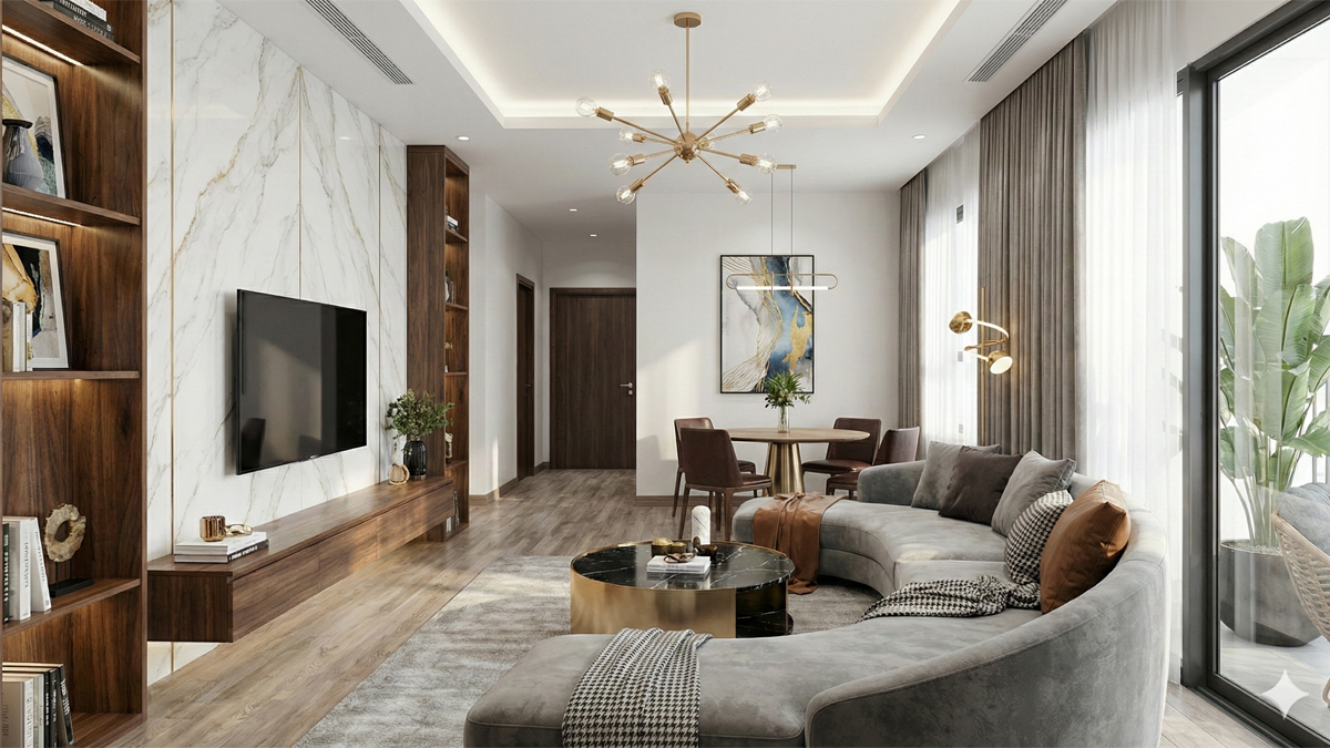 Phòng khách nhà mẫu dự án Happy One City