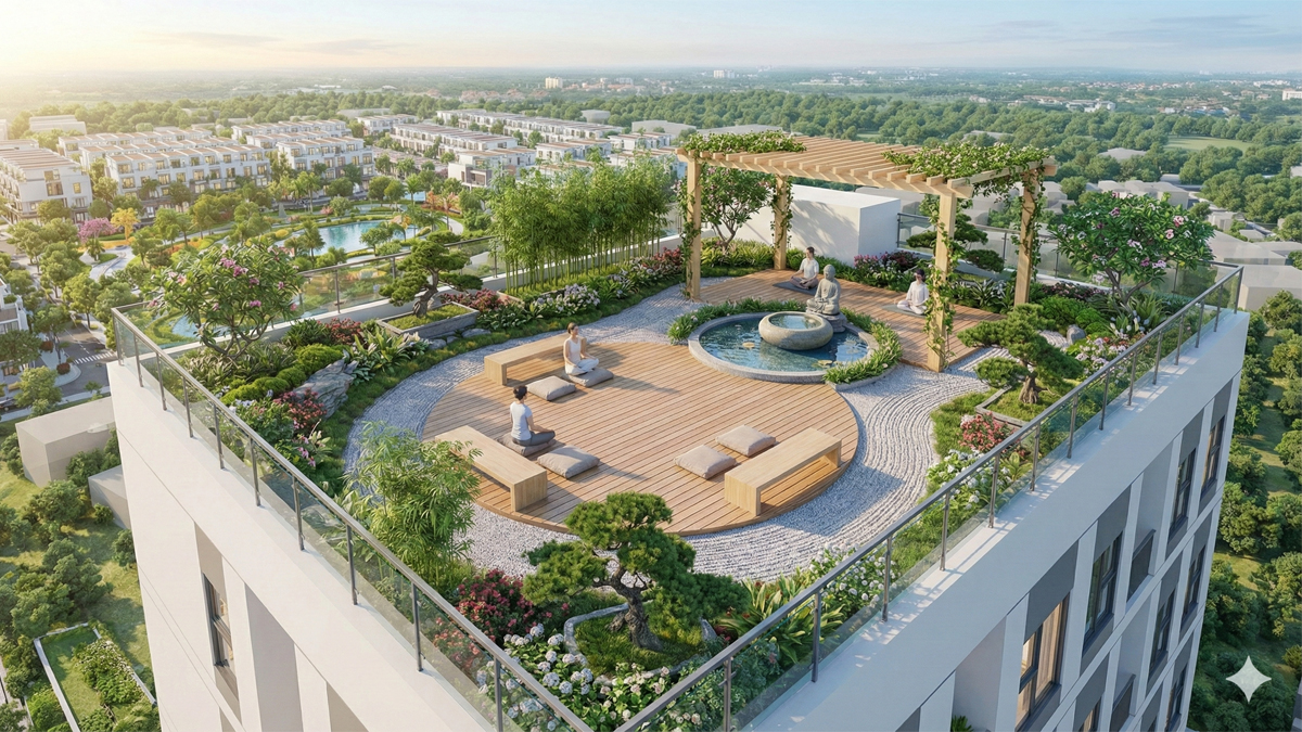 Khu vực dành cho cư dân ngồi thiền trên sân thượng chung cư Happy Home City