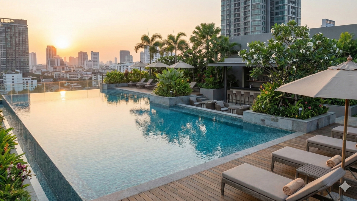 Hồ bơi tầng thượng khu chung cư Happy Home City