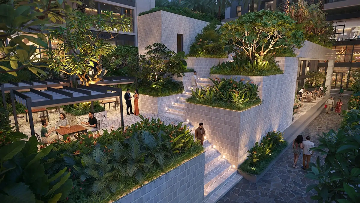 Lối dạo bộ chuẩn Zen và cảnh quan công viên xanh mát tại dự án The Flame Vine Hinode – Không gian sống lý tưởng từ CĐT WTO.